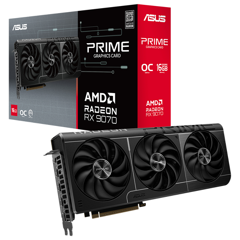 Фото-1 Видеокарта ASUS AMD Radeon RX 9070 PRIME OC 16GB, общий вид спереди с коробкой. На фото трёхвентиляторная чёрно-графитовая карта и фирменная упаковка PRIME; изображение помогает связать внешний вид устройства с моделью на странице.