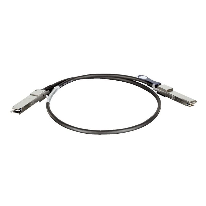 Фото-1 Кабель QSFP+–QSFP+ ACD, общий вид: чёрный кабель свернут в кольцо на белом фоне, два металлических модуля с чёрными петлями, видны кромки разъёмов. Важно для проверки типа коннектора QSFP+ на странице товара.