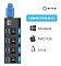 Фото-8 USB-хаб 5bites HB37-303PBK, вертикальный фрагмент устройства: видны четыре порта USB 3.0, четыре переключателя и голубые световые окна, справа размещены значки Windows, Mac iOS и Linux; изображение показывает совместимость с операционными системами для страницы о USB-концентраторе.