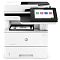 Фото-2 МФУ HP LaserJet Enterprise M528f, фронтальный вид; белый корпус, сенсорный экран справа, сверху автоподатчик документов, видна площадка сканера с листом; на белом фоне для карточки товара, чтобы сравнить расположение экрана и блока сканера.
