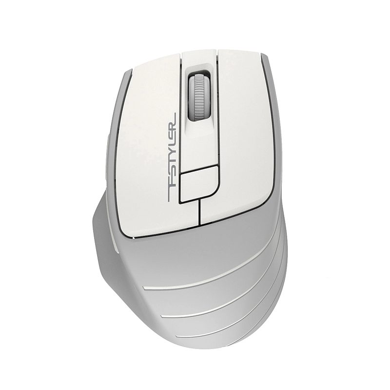 Фото-1 Беспроводная мышь A4Tech Fstyler FG30 White, вид сверху под углом; белая верхняя часть, серое колесо прокрутки, асимметричный корпус для правой руки и рельефные диагональные линии на боковой панели; основное изображение товара для страницы модели.
