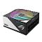 Фото-6 Блок питания для ПК ASUS ROG Loki 1200W, фронтальная часть под углом: боковая панель с логотипом ROG, сверху RGB-вентилятор под решёткой и спереди модульные разъёмы, для страницы о компьютерном блоке питания.