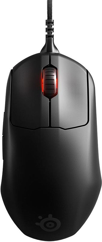 Фото-1 Проводная мышь SteelSeries Prime, вид сверху; на фото чёрный корпус асимметричной формы, колесо прокрутки с красной подсветкой, кабель в тканевой оплётке и логотип SteelSeries на спинке, для страницы товара игровой проводной мыши.