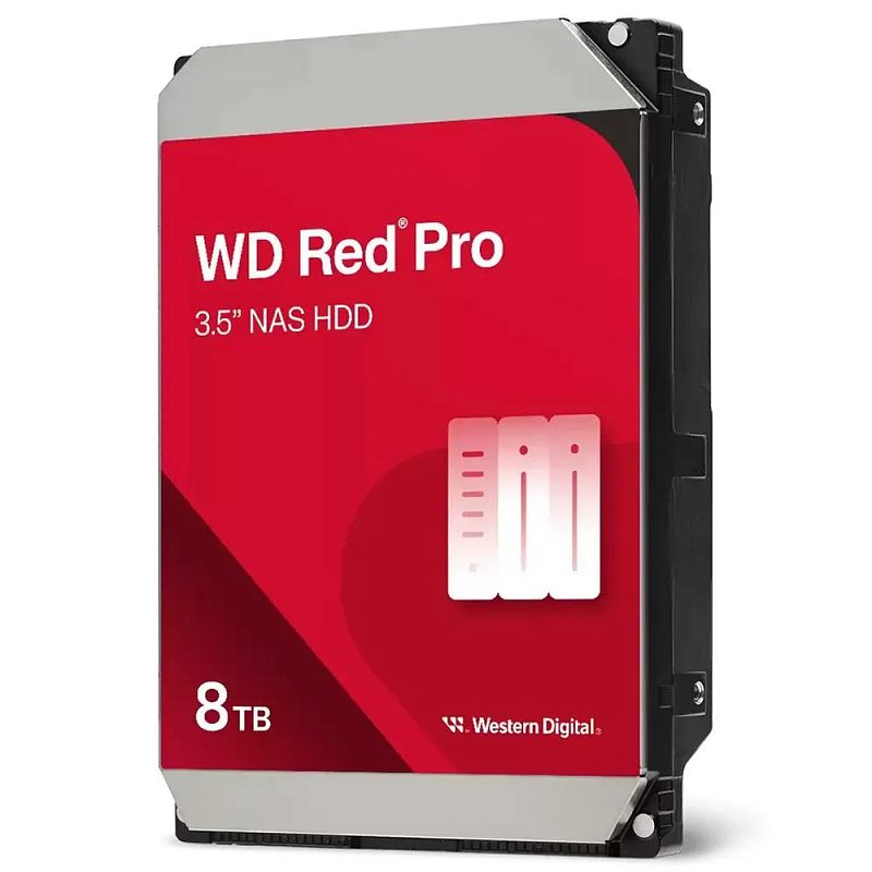 Фото-1 Жёсткий диск WD Red Pro WD8005FFBX 3.5" 8 TB, фронтальный вид; на фото красная лицевая наклейка, чёрный корпус и серебристая верхняя крышка, по краям видны крепёжные отверстия и рамка корпуса; изображение на светлом фоне важно для страницы HDD, так как показывает серию, форм-фактор 3.5" и ёмкость 8 TB.