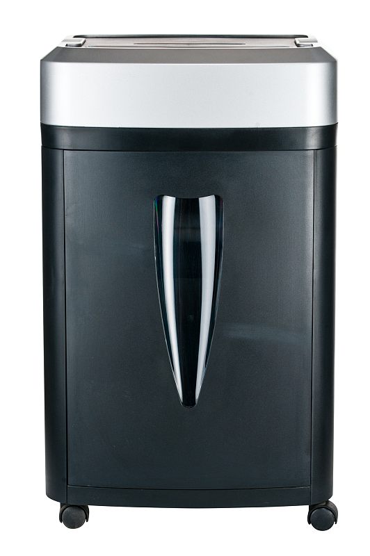 Фото-1 Уничтожитель бумаги Office Kit S145 OK0215S145, вид спереди; чёрный корпус с серебристой верхней частью, центральное смотровое окно корзины и колёсики снизу; для карточки товара — чтобы распознать модель и внешний вид устройства.