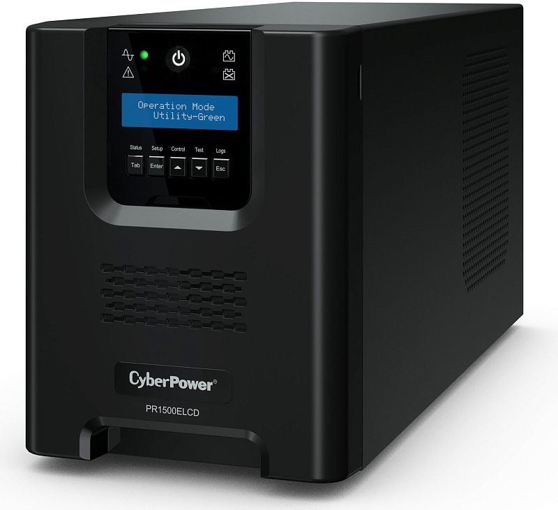 Фото-1 ИБП CyberPower PR1500ELCD, вид спереди под углом; чёрный корпус башенного типа с боковой вентиляцией, фронтальный дисплей с синей подсветкой и кнопками управления на верхней панели; для страницы товара показывает общий внешний вид устройства.