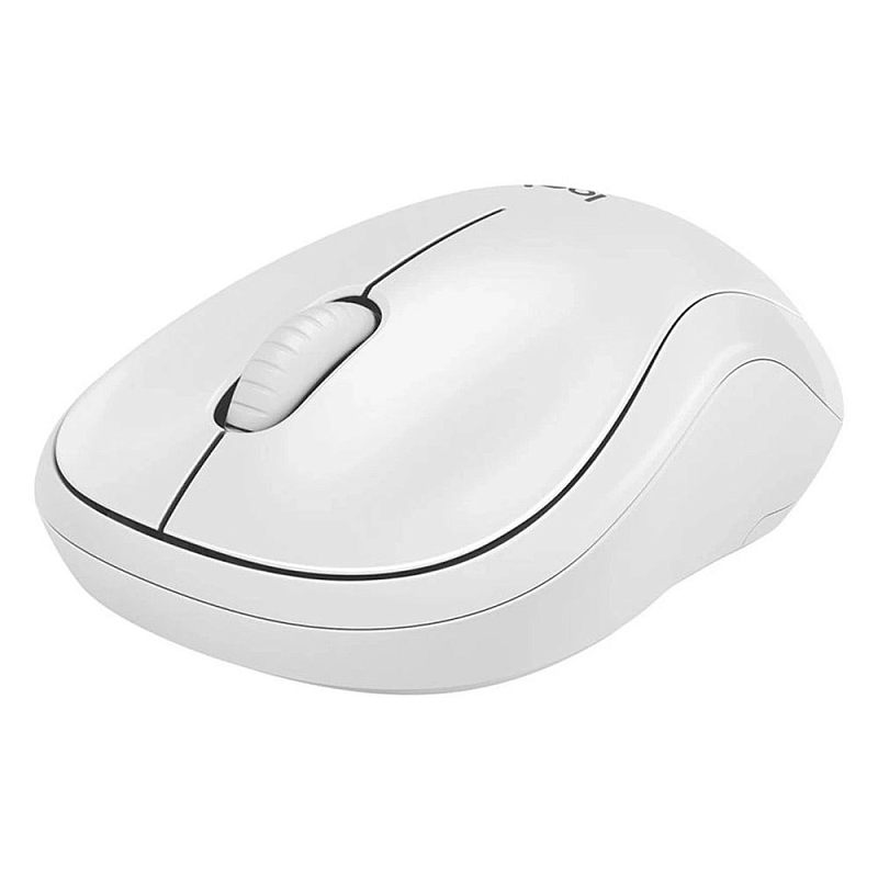 Фото-1 Беспроводная мышь Logitech M240 Silent, ракурс сверху-слева; видны белый корпус, белое колесо прокрутки, тонкая чёрная линия между панелями и плавная симметричная форма без боковых кнопок, фото на светлом фоне для страницы товара, чтобы показать внешний вид модели и компоновку верхней части.