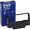 Фото-2 Картридж Epson C43S015374, комплект с коробкой: чёрная лента-картридж установлена перед синей коробкой Epson ERC-38 B с белой схемой устройства и перечнем совместимых моделей; для страницы матричного расходника и сопоставления изделия с упаковкой.