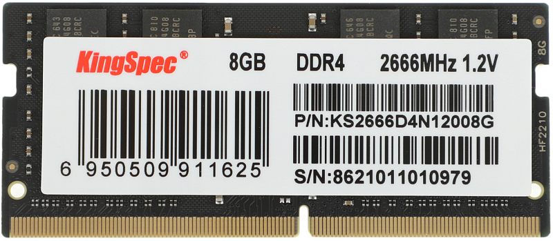 Фото-1 Модуль памяти KingSpec 8GB SODIMM DDR4 2666, фронтальный вид с наклейкой. На фото видны белая этикетка с маркировкой 8GB DDR4 2666MHz 1.2V, чёрная плата, частично различимые микросхемы за наклейкой и золотистые контакты. Фото показывает идентификационную сторону модуля для страницы товара.