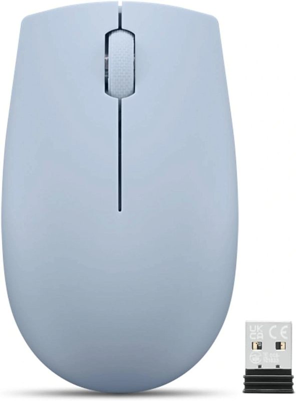 Фото-1 Беспроводная компактная мышь Lenovo 300 Wireless Compact, вид сверху; показаны две основные кнопки, колесо прокрутки и USB-приёмник рядом с корпусом, голубой цвет, изображение нужно для идентификации модели и беспроводного подключения