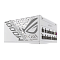 Фото-2 Блок питания для ПК ASUS ROG Strix 1000W Platinum White Edition, боковой вид с панелью разъёмов. На фото видны белый корпус, декоративная боковая панель с логотипом ROG и модульные разъёмы для кабелей с подписями. Изображение показывает компоновку подключения кабелей для страницы товара.