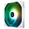Фото-4 Корпусный вентилятор Thermalright TL-C14W-SX3, вид под углом сбоку; белая рамка, подсветка крыльчатки с зелёно-жёлтым участком, показана глубина корпуса и стойки рамки