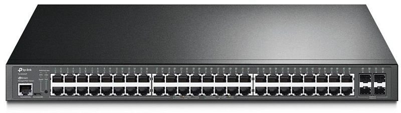 Фото-1 Коммутатор TP-Link SG3452P, фронтальный вид. На фото чёрный стоечный корпус, 48 портов RJ45 в два ряда, консольный RJ45 и Micro-USB слева, 4 SFP-слота справа. Изображение показывает лицевую панель и конфигурацию интерфейсов для страницы товара о PoE-коммутаторе.