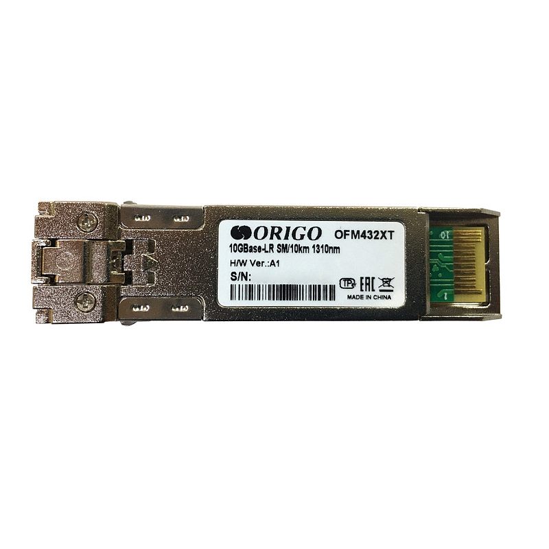 Фото-1 Трансивер SFP+ ORIGO OFM432XT, вид сверху: виден край разъёма с контактной площадкой, на корпусе наклейка «OFM432XT» и «10GBase-LR SM/10km 1310nm». На белом фоне для карточки товара, чтобы сверить маркировку и тип (LR) перед покупкой.