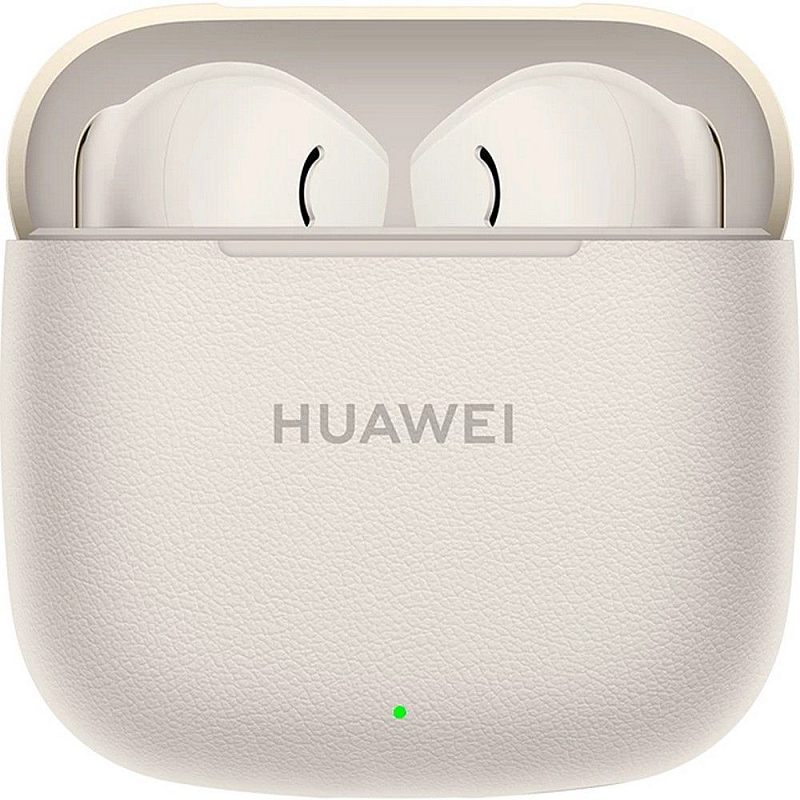 Фото-34 Наушники Huawei FreeBuds SE 3, открытый кейс спереди: бежевый зарядный кейс с фактурой под кожу, внутри два вкладыша без силиконовых насадок, спереди логотип Huawei и зелёный индикатор; фото показывает комплект и отделку кейса для страницы товара.