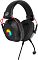 Фото-2 Наушники Oklick HS-L305G, боковой вид одной чашки; показаны прямоугольная чашка с перфорированной внешней панелью, цветная подсветка логотипа, поворотная штанга крепления и красное колесо регулировки на нижней части корпуса; чёрный корпус с красными элементами, фото важно для страницы товара как обзор органов управления и отделки чашки.