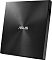 Фото-2 Внешний оптический привод ASUS SDRW-08U8M-U (DVD-RW), чёрный: вид под углом в вертикальном положении; на боковой грани виден разъём USB‑C, крышка с радиальной текстурой; на белом фоне — помогает оценить расположение разъёма и форму корпуса.