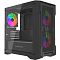 Фото-1 Корпус для ПК Powercase Mistral Micro X3B ARGB, вид сбоку под углом: чёрный корпус с прозрачной боковой панелью и фронтальной сеткой, за сеткой видны два фронтальных вентилятора, сзади установлен вентилятор. Это помогает оценить продуваемость фронтальной панели и обзор внутреннего пространства корпуса.