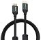 Фото-3 Видеокабель Buro BHP-HDMI-2.1-2G HDMI&ndash;HDMI 2 м, крупный план коннекторов спереди; показаны оба штекера HDMI с позолоченными контактами, графитовые корпуса с маркировкой и ферритовые цилиндры ниже по кабелю; фото нужно для страницы товара, чтобы рассмотреть детали разъёмов и экранирующих элементов.