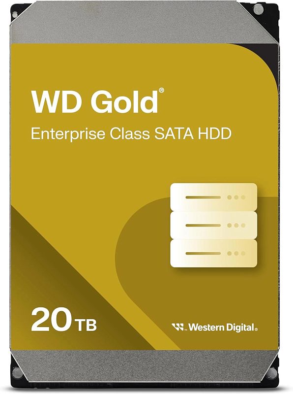 Фото-1 Жёсткий диск WD Gold WD203KRYZ 3.5" 20TB, вид спереди; на фото золотистая фронтальная наклейка с маркировкой WD Gold, обозначением Enterprise Class SATA HDD и ёмкостью 20TB, корпус с серебристыми верхней и нижней кромками; изображение показывает серию и объём накопителя для страницы товара.