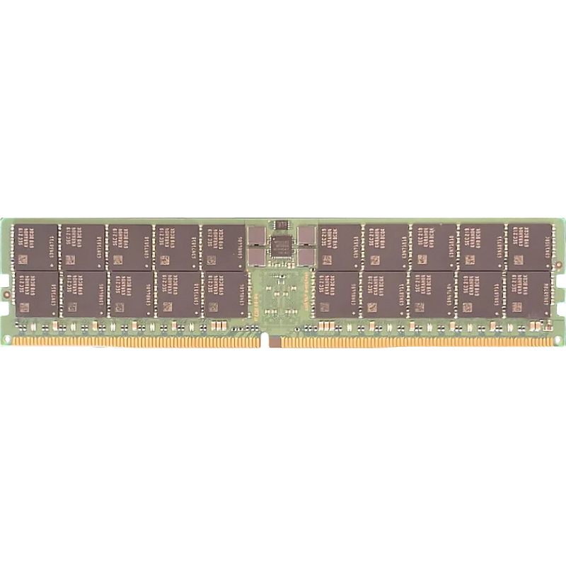 Фото-1 Модуль памяти Samsung 64 ГБ DIMM DDR5 4800, фронтальный вид на зелёной плате; по обе стороны от центрального контроллера расположены ряды чёрных микросхем, внизу золотистые контакты DIMM, изображение показывает компоновку чипов и форм-фактор серверного модуля для страницы товара.