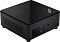 Фото-1 Неттоп MSI Cubi 5 1M 617XRU Mini PC, вид спереди справа под углом; на фото компактный чёрный корпус с диагонально текстурированной верхней панелью, логотипом MSI, двумя USB-A синего цвета, USB-C и кнопкой питания; изображение показывает фронтальные интерфейсы и боковые вентиляционные прорези неттопа.