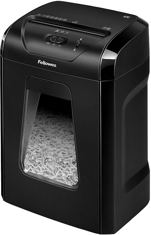 Фото-1 Уничтожитель бумаги Fellowes Powershred 12C FS-71201, вид спереди под углом; чёрный корпус с глянцевыми боковинами, верхний слот подачи, ползунок управления и индикаторы, прозрачное окно корзины со стружкой; для карточки товара — чтобы увидеть компоновку панели управления и окно заполнения.