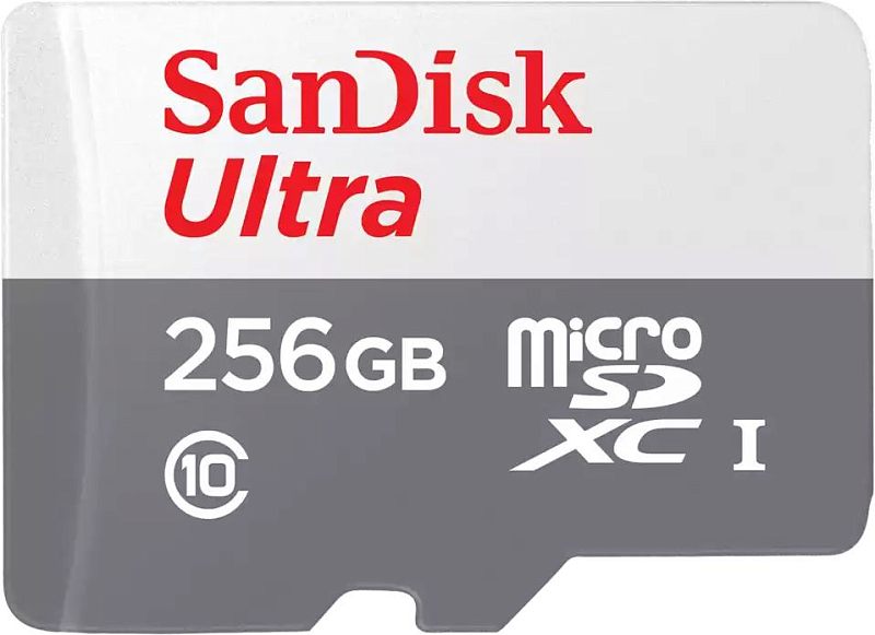 Фото-1 Карта памяти microSDXC SanDisk Ultra 256GB — крупный план лицевой стороны; бело‑серая этикетка с красной надписью SanDisk Ultra, указаны «256GB» и значок microSDXC I, Class 10. На странице товара важно увидеть формат microSDXC и объём по маркировке на карте.