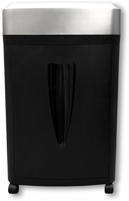 Фото-1 Уничтожитель бумаги Office Kit S190, фронтальный вид на белом фоне: чёрный корпус с серебристой верхней крышкой, узкое окно корзины спереди и колёсики снизу; важно для понимания конструкции корпуса на странице товара.