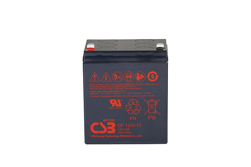 Фото-1 Аккумуляторная батарея CSB GP 1245 F2 12V 16W — фронтальный вид, тёмно‑серый корпус с красной маркировкой и пиктограммами, сверху видны выводы и круглые оттиски на крышке; важно для идентификации модели по маркировке на странице товара