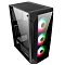 Фото-3 Корпус ПК Alseye Phantom 1.0 BK, вид сверху-слева: верхняя сетчатая панель, на верхней кромке порты USB и кнопки, спереди стеклянный фронт с тремя RGB‑вентиляторами; чёрный цвет, студийное фото; важно для оценки верхней вентиляции и расположения интерфейсов.