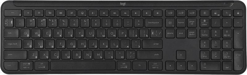 Фото-1 Клавиатура Logitech K950, вид сверху. На фото видны чёрный корпус, полноразмерная раскладка с цифровым блоком, отдельные клавиши быстрого доступа в верхнем ряду и закруглённые углы корпуса; изображение показывает общую компоновку клавиатуры для страницы товара.