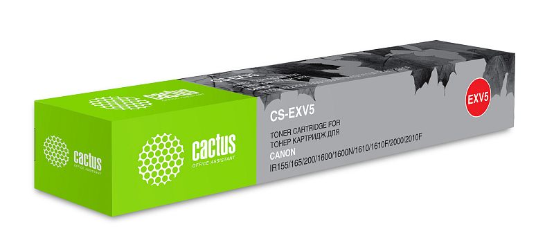 Фото-1 Тонер-картридж Cactus CS-EXV5, упаковка на фото под углом сбоку; длинная коробка зелёного и серого цвета с логотипом Cactus, маркировкой EXV5 и красным кругом модели на торце; изображение показывает упаковку картриджа для страницы товара.