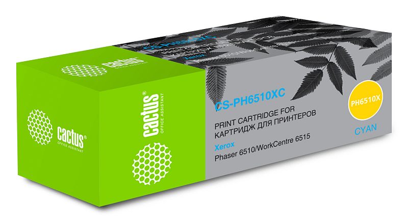 Фото-1 Тонер-картридж Cactus CS-PH6510XC для Xerox Phaser 6510 и WorkCentre 6515, коробка спереди слева. Видна длинная серо-зелёная упаковка с белой этикеткой, голубой полосой и маркировкой модели на боковой части. Голубой цвет указан на наклейке, фото показывает упаковку для страницы товара.