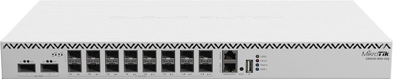 Фото-1 Коммутатор MikroTik CRS518-16XS-2XQ-RM, фронтальный вид. На фото белый стоечный корпус; на передней панели видны два слота QSFP28 слева, далее ряд SFP28-портов, справа порт управления RJ-45, USB-разъём и вертикальный блок индикаторов. Изображение показывает плотность портов и расположение служебных интерфейсов.
