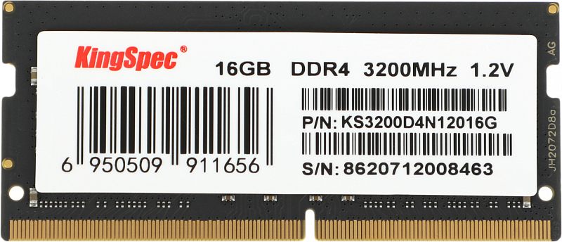Фото-1 Модуль памяти KingSpec 16GB SODIMM DDR4 3200, фронтальный вид с наклейкой. Видны чёрная плата SO-DIMM, белая этикетка с маркировкой 16GB DDR4 3200MHz 1.2V, штрихкоды и золотистые контакты. Изображение показывает идентификационную сторону модуля для страницы товара.