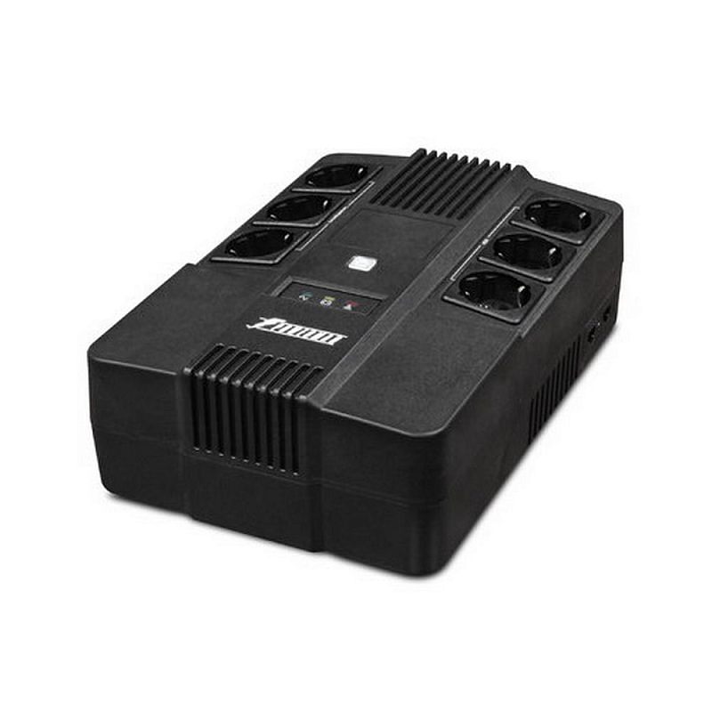 Фото-1 ИБП Powerman Brick 600 VA 6117367, вид спереди слева сверху; чёрный корпус brick, шесть евророзеток сверху по три с каждой стороны, центральный блок индикации и вентиляционные рёбра; основное фото показывает верхнюю панель и форм-фактор устройства.