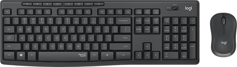 Фото-1 Комплект клавиатуры и мыши Logitech MK295, вид сверху: полноразмерная клавиатура с цифровым блоком и мышь рядом, на клавиатуре видна маркировка SilentTouch, чёрный пластик, на тёмном фоне для понимания состава комплекта на странице товара.