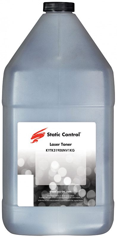 Фото-1 Тонер Static Control KYTK3190UNV1KG, чёрный 1 кг; фронтальный вид крупной канистры на светлом фоне, видны чёрная крышка, высокий прямоугольный корпус со скошенными плечиками и белая центральная этикетка Laser Toner; изображение показывает фасовку и тип тары для страницы о лазерном тонере.