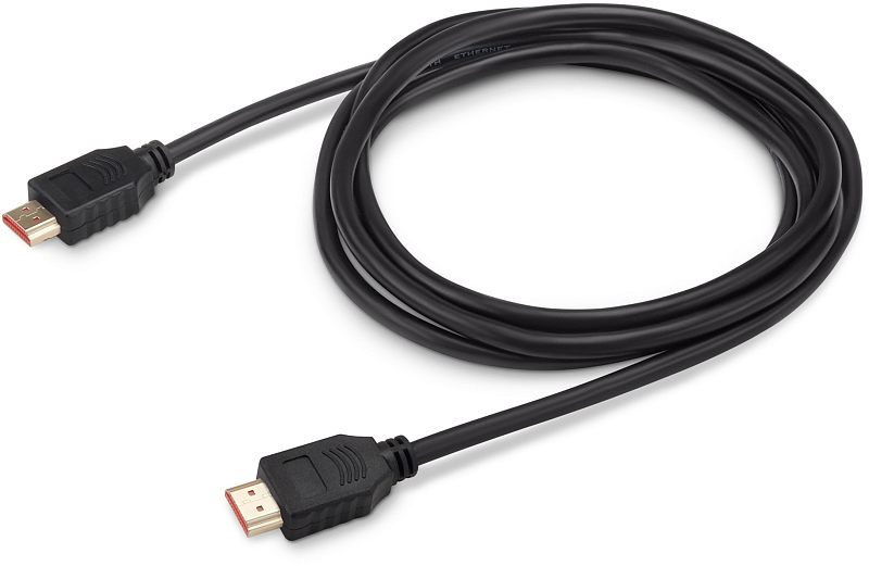 Фото-1 Видеокабель Buro HDMI–HDMI 2 м, общий вид кабеля на белом фоне; кабель уложен кольцом, показаны два штекера HDMI с красной внутренней вставкой и чёрная гладкая оболочка; фото помогает оценить длину и тип разъёмов для страницы товара.