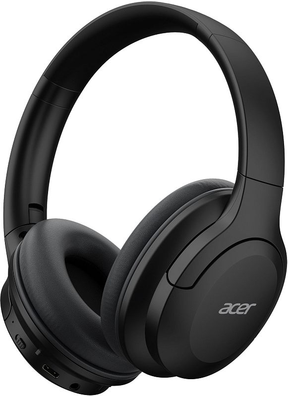 Фото-1 Наушники с микрофоном Acer OHR304, вид спереди под углом; на фото чёрные полноразмерные наушники с широким оголовьем, овальными мягкими амбушюрами и органами управления на чашке, что важно для страницы товара при оценке конструкции и посадки.