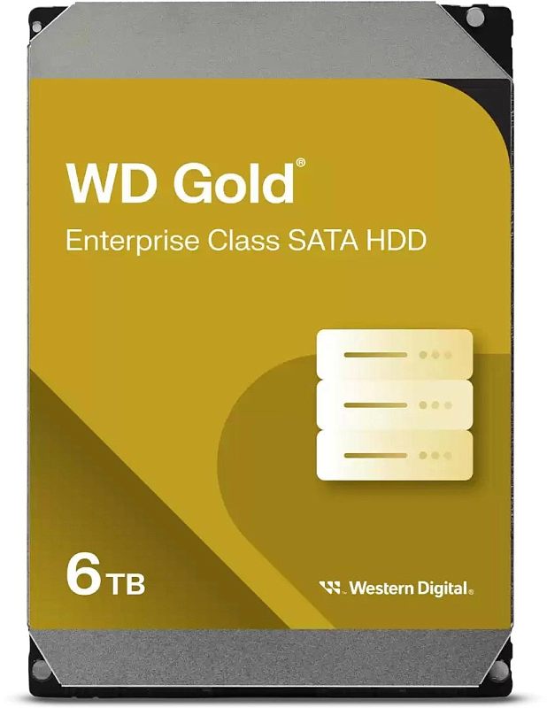 Фото-1 Жёсткий диск Western Digital WD Gold WD6004FRYZ, SATA, 3.5 — фронтальный вид, золотистая наклейка «WD Gold» с отметкой 6 TB, серебристые верхняя и нижняя кромки, чёрный корпус; на белом фоне, чтобы на странице товара идентифицировать линейку Enterprise и ёмкость.