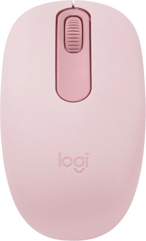 Фото-1 Мышь Logitech M196, вид сверху; на фото верхняя панель в розовом цвете с центральным колёсиком прокрутки и логотипом Logitech, кадр показывает основную форму корпуса для страницы товара беспроводной мыши.
