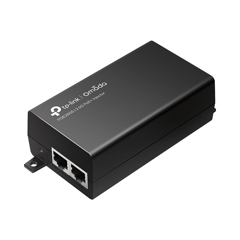 Фото-1 PoE-инжектор TP-Link Omada POE260S, вид под углом: чёрный корпус с крепёжными ушками, на торце два RJ-45 порта (PWR+DATA OUT и DATA IN); показывает конструкцию и возможность монтажа.