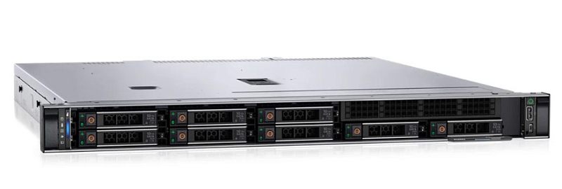 Фото-1 Сервер Dell PowerEdge R660xs, вид спереди под углом: восемь отсеков hot‑swap 2,5″, рядом центральная решётка воздухозабора, справа вертикальная панель управления; чёрная лицевая панель на белом фоне, показывает конфигурацию дисков для 1U стойки.