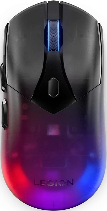 Фото-1 Игровая беспроводная мышь Lenovo Legion M410 Wireless RGB Gaming, вид сверху; показаны две основные кнопки, колесо прокрутки с синей подсветкой, центральная кнопка и RGB‑подсветка нижней части корпуса, чёрный цвет, изображение важно для идентификации модели на странице товара
