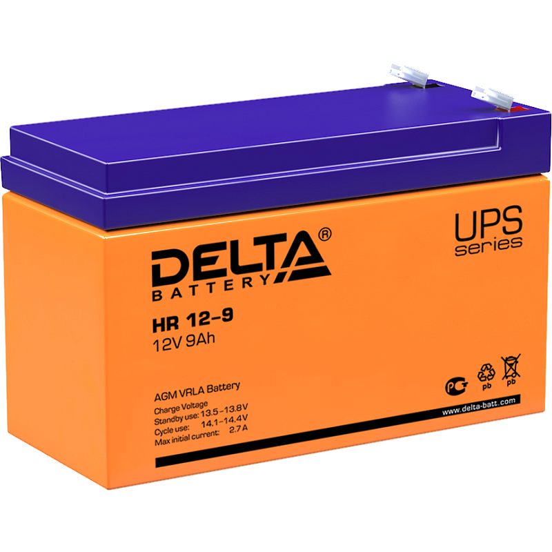 Фото-1 Аккумулятор для ИБП Delta HR 12-9, вид сбоку; оранжевый корпус UPS series и фиолетовая крышка; сверху клеммы Faston с белыми колпачками, у правого торца видна красная отметка полярности — важно для проверки модели и расположения клемм при установке в ИБП.