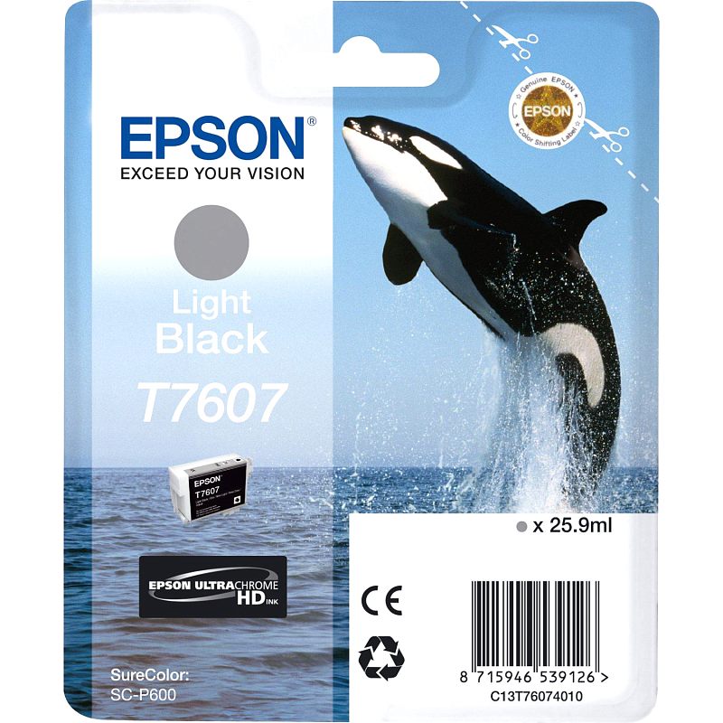 Фото-1 Картридж Epson T7607 C13T76074010, фронтальный вид блистера: упаковка Light Black с серой цветовой меткой, изображением косатки, миниатюрой картриджа и указанием 25.9 ml; для страницы серого картриджа Epson и распознавания модели по розничной упаковке.