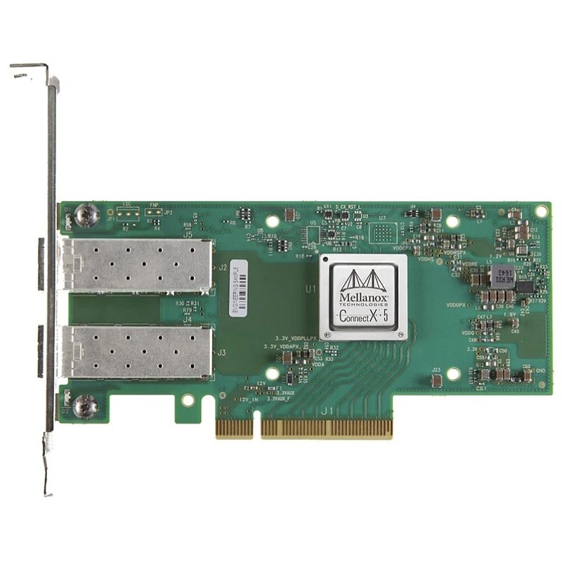 Фото-1 Сетевая карта Mellanox ConnectX‑5 EN MCX512A‑ACUT — вид сверху: зелёная плата PCIe с двумя металлическими портовыми клетками и микросхемой с маркировкой ConnectX‑5. Показаны разъёмы под оптические модули для подключения серверного/ПК оборудования к сети.