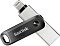Фото-1 USB-накопитель SanDisk iXpand Go 128 ГБ, вид под углом: поворотный корпус с чёрной ручкой‑скобой и металлической частью, выдвинут разъём Lightning; на белом фоне &mdash; показывает разъём для подключения к устройствам Apple на странице товара.